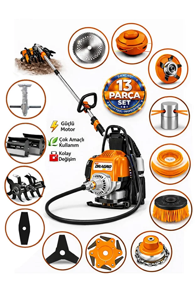 Dragro German DRG-13 + Sırt Tipi Benzinli Ot Çalı Çim Biçme Tırpanı + Full Set Hediyeli